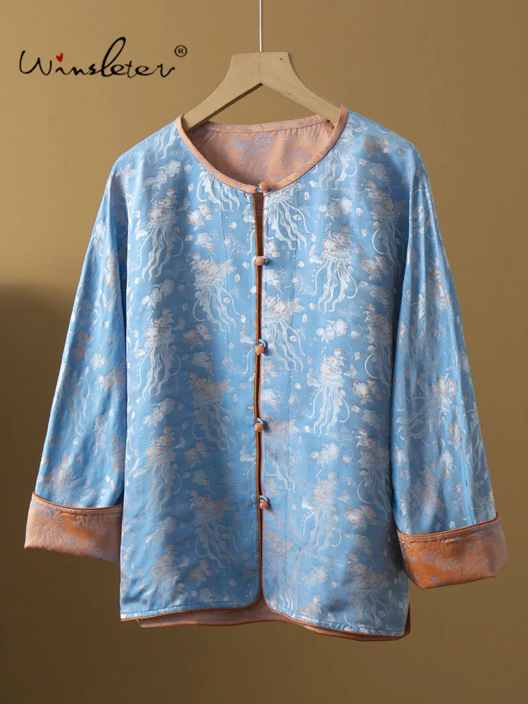 Winsleter-100%Real Silk Song Brocade Elegant Coat, O Neck Jacquard, Women Retro Loose Reversible Coat, 2026 Autumn New C68508CC