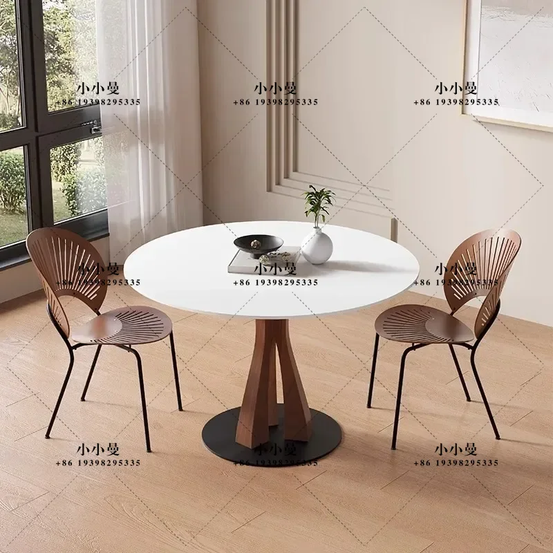 Medieval style round household small apartment French retro style restaurant pure white pure black solid wood dining table