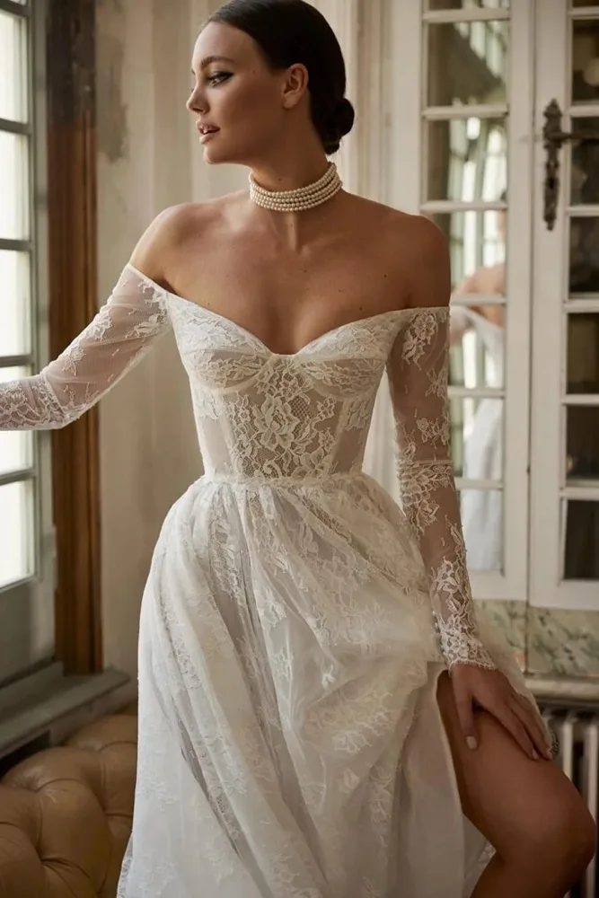 

Customized Slit Side Lace Bride Wedding Dresses Off The Shoulder Long Sleeves Women Bridal Gowns Formal Party Dress