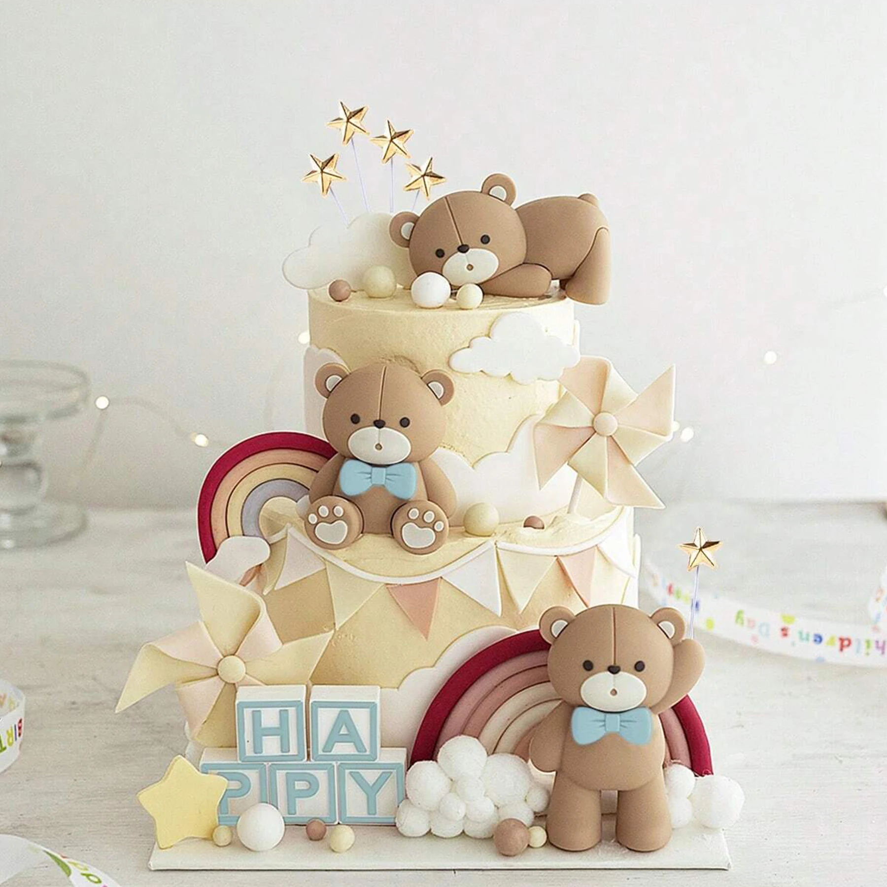 

8 шт./компл., синий, розовый галстук-бабочка, топпер для торта с коричневым медведем для дня рождения, душа, вечерние украшения для торта, поставки