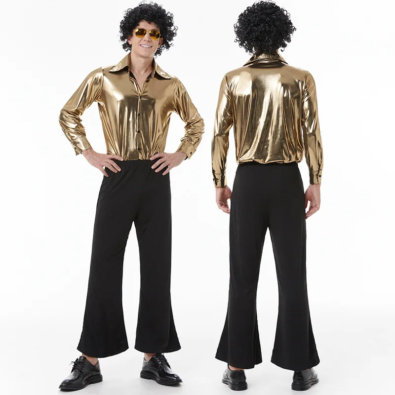 2025 Nieuwe Halloween Kostuum Volwassen Retro Hippie Jaren '70 Disco Goud Paar Nacht Outfit Vrouwen Etnische Slijtage Toneelkostuum