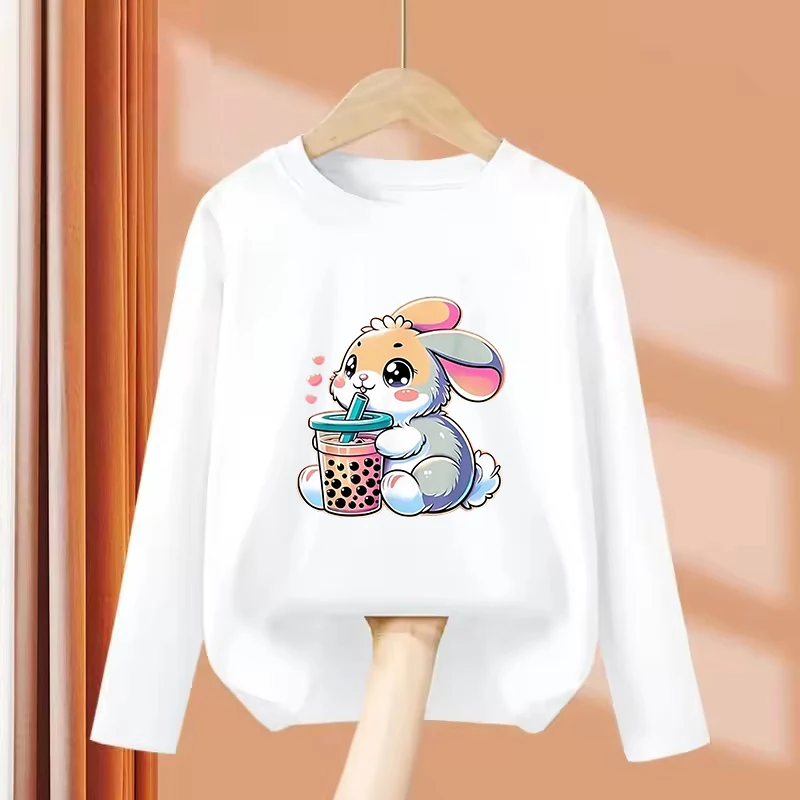 Long Sleeve Cute Rabbit Graphic Kids Tshirts Summer Tees Cartoon Animal Boys Girls Clothes Kawaii Tops Y2K Children T-shirt