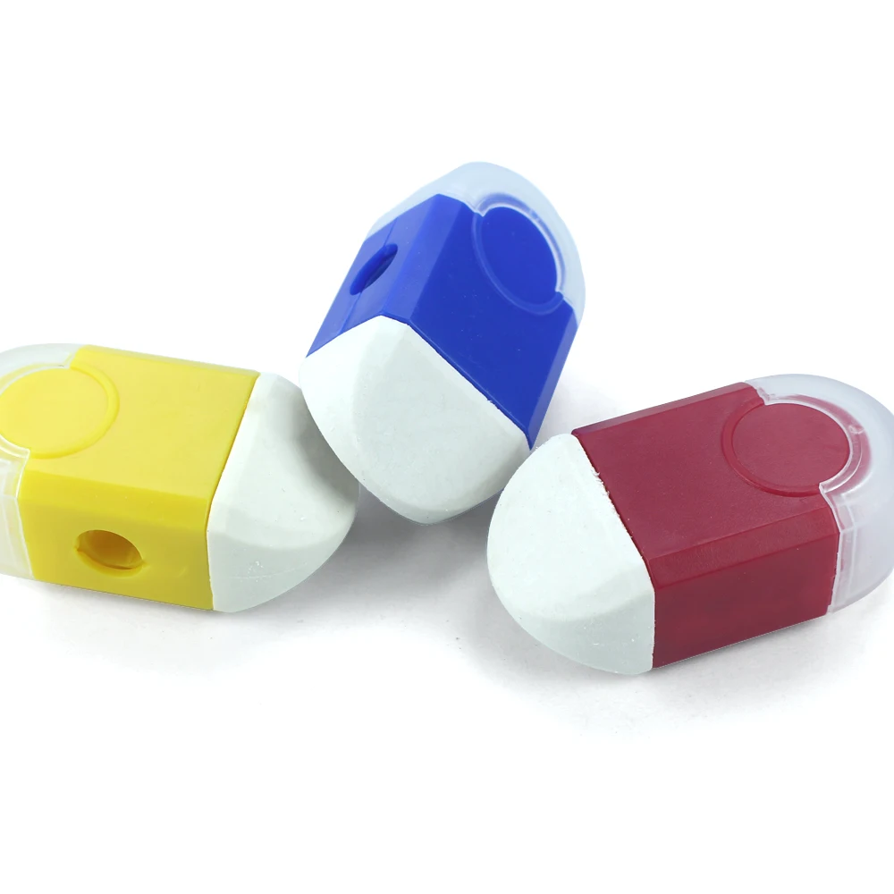 Single Hole Pencil Sharpener With Eraser Highly Saturated Color  Plastic Material