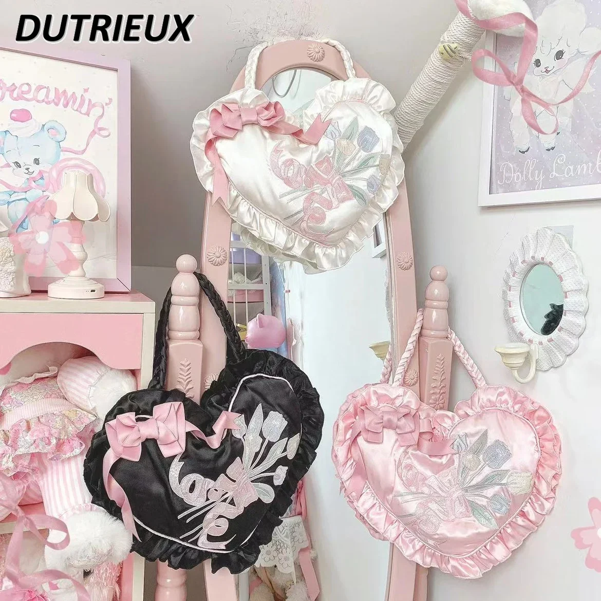 Japanese Lolita Style Bow Heart Bags for Lady Embroidery Bag Sweet Cute Girls' Gifts Fashion Casual Women's Handbags Summer