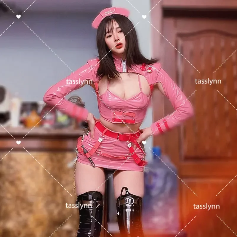 Presale sexy dark reign pink nurse cosplay costume leather dress leotard elastic Clack hot anime cosplay full set