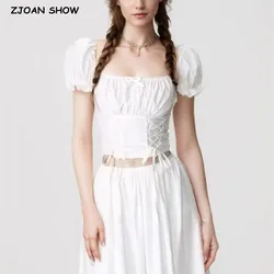 2024 Sexy Corset White Ruched Chest Short Puff Sleeve Shirt Women Cross Lacing up Bandage Front Slim Waist Zipper Back Crop Tops