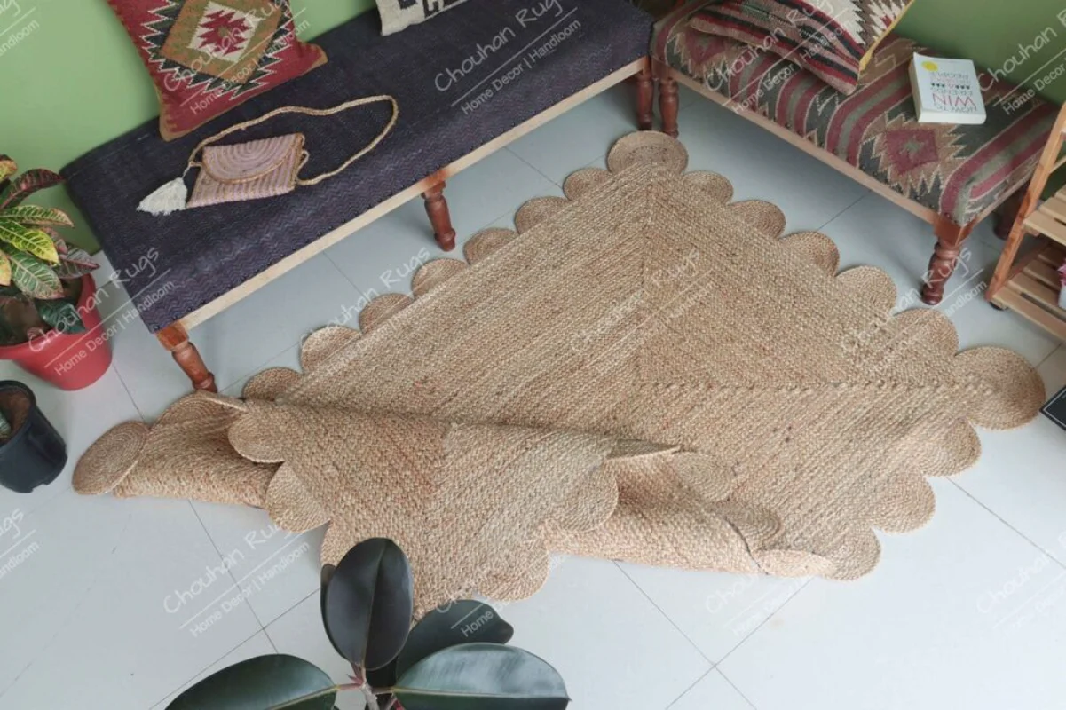 Natural Jute Rug Hand Braided Scalloped Handwoven Runner Carpet Decorative Area Rugs Bedroom Living Room Decoration