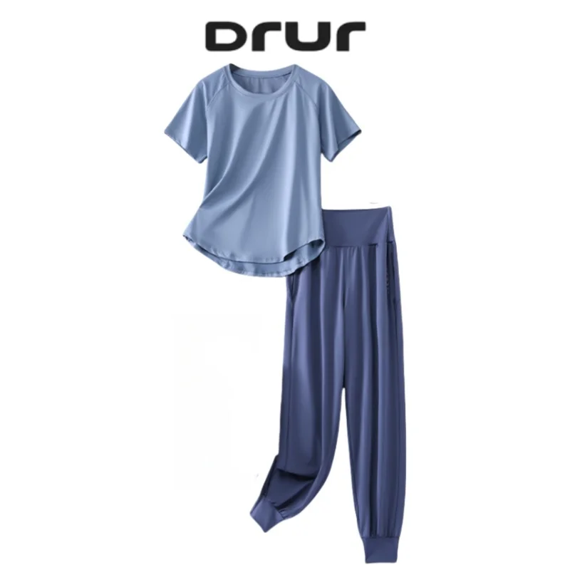 DRUR S-4XL Yoga Set Women Sport Shirts Gym Pants Set 2 Piece Short Fitness Tops Sweatpants Suit Female Summer Sportswear Outfit
