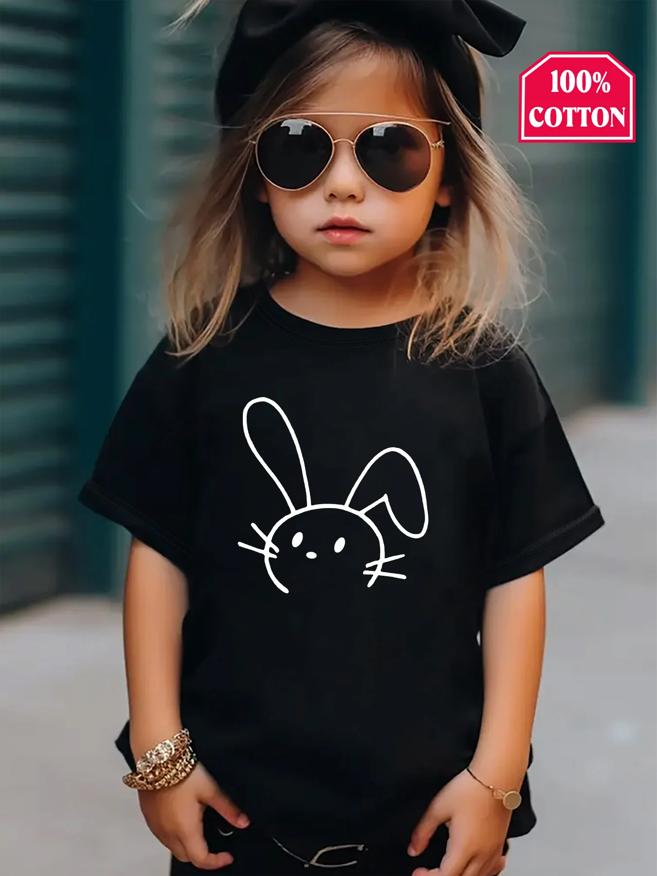 Minimalist Line Drawing Cute Bunny Print Family Matching Cotton Tees Short Sleeve Tops For Mom Dad Boys Girls Daily Wear