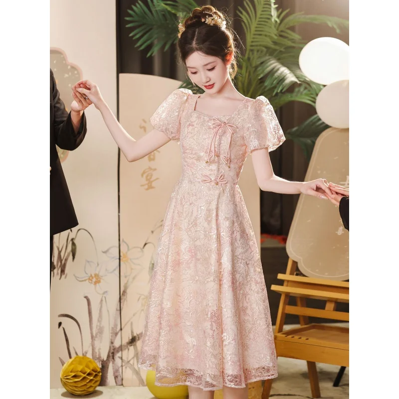 Toast Dress Bride 2024 New Engagement Dress Women's Summer Daily Style High-Grade New Chinese Square Collar