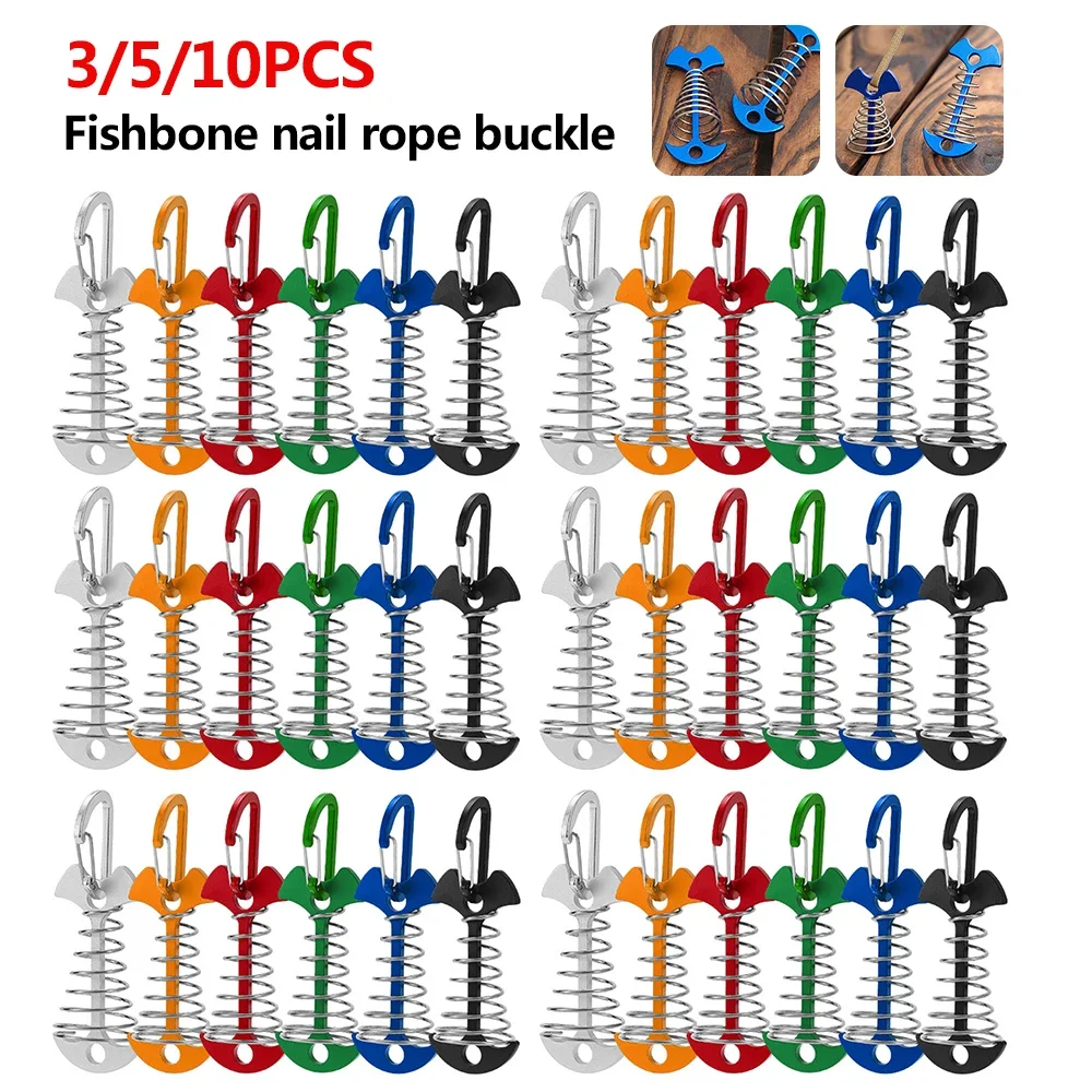 3/5/10PCS Spring Fishbone Deck Pegs Tent Stakes Awning Anchor Wind Rope Buckle with Carabiner Deck Fixed Nails Camping Tent Hook