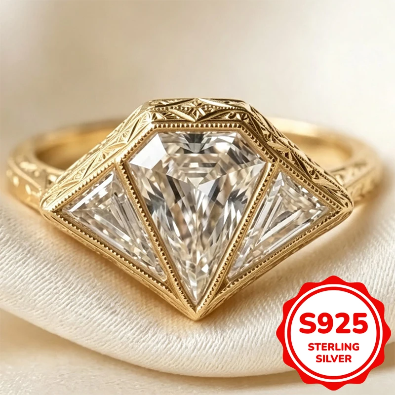Genuine Sterling Silver S925 14K Gold Ring For Women Vintage Triangle Geometric Cut Zircon Engraved Carved Art Deco  Jewelry
