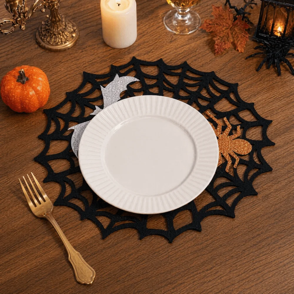 Bat Non-slip Halloween Spider Web Placemat Hollow Out Heat-Insulating Spider Web Coaster Waterproof Soft Felt Cup Mat Party