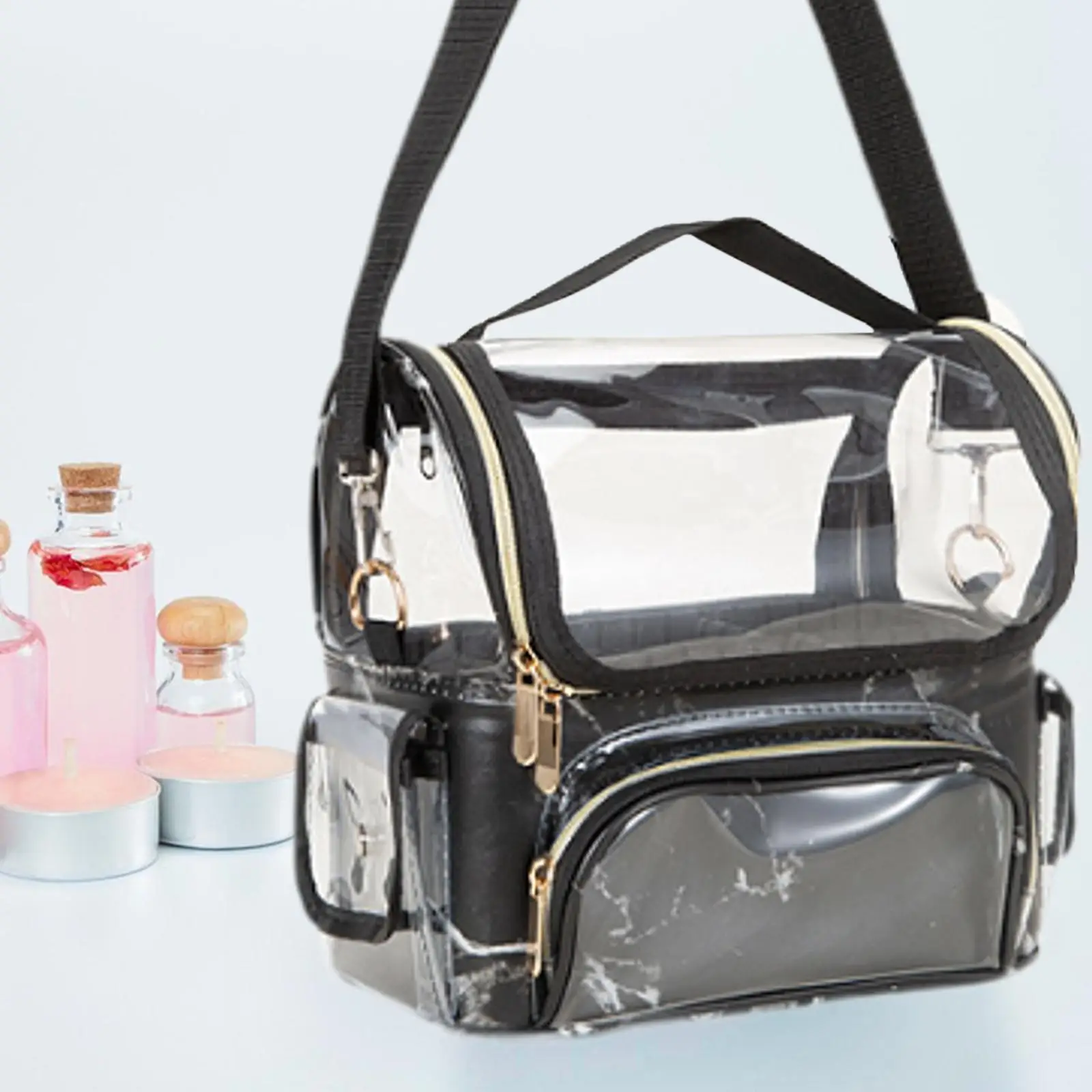 

Clear Travel Makeup Bag Zipper Wide Open Storage Organizer Bag Make up Set Bag Cosmetic Nails Beauty Bag with Shoulder Strap