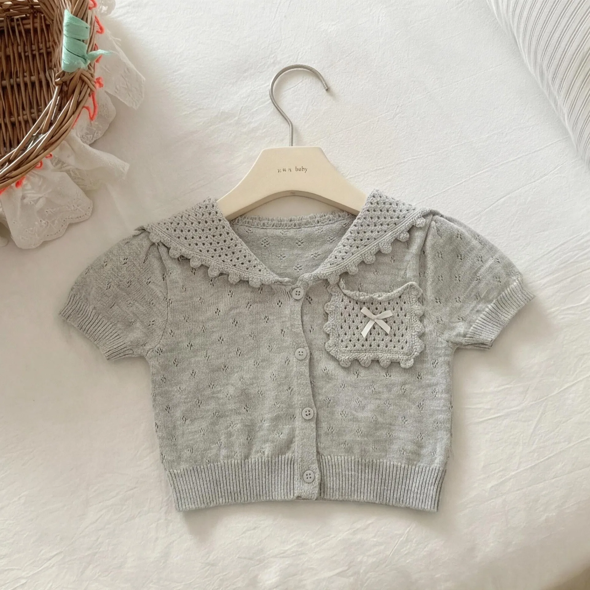 Summer Baby Girl's Two-Piece Set Knitted Short-Sleeved Top with Cutouts & Ballet-Style Flower Bud Short Skirt Cute Outfit