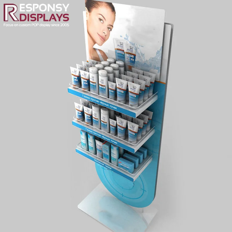 custom.Skincare Products  Cosmetic Display Stand  Shopping Mall Metal Makeup Display Stand Retail Floor Standing Display