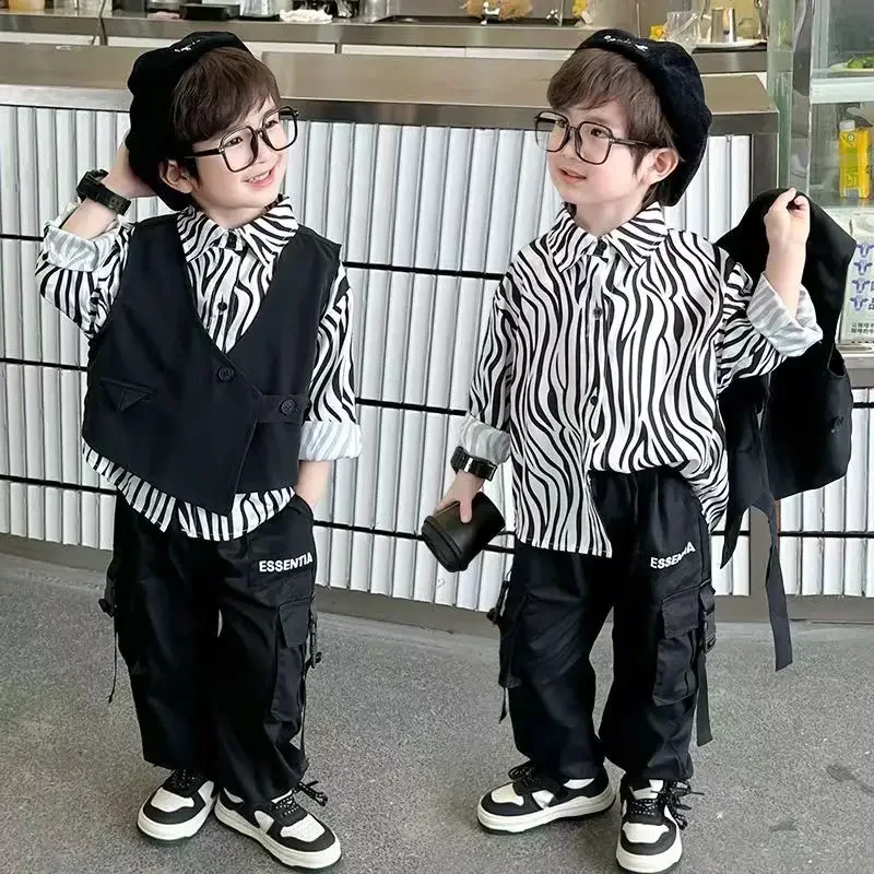 

Boys' Autumn Set Children's Clothing New Striped Shirt Vest Pants Fashion Three Piece Set 2025 Boys' Handsome Clothing