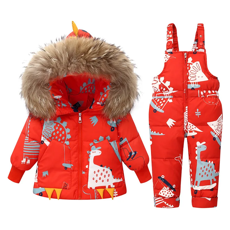 Cartoon Dinosaur Winter Children Clothes Set Real Fur Down Jacket For Girls Baby Boy Jumpsuit Kids Overalls Boys Outerwear Coat