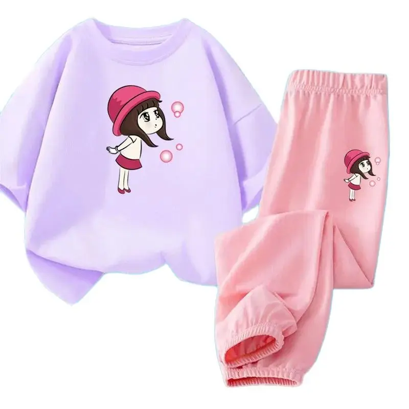 Summer Children Girl Clothes Set Teenage Short Sleeve Tshirt and Mosquito Pants 2 Pieces Suit Kid Top Bottom Outfits Tracksuit