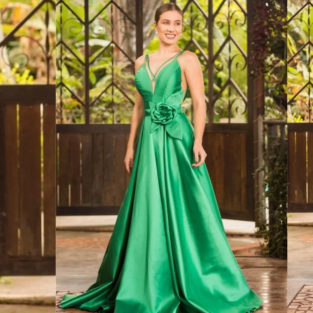 Customized Satin Flower Ruched Formal Evening A-line V-neck Bespoke Occasion Gown Long Dresses