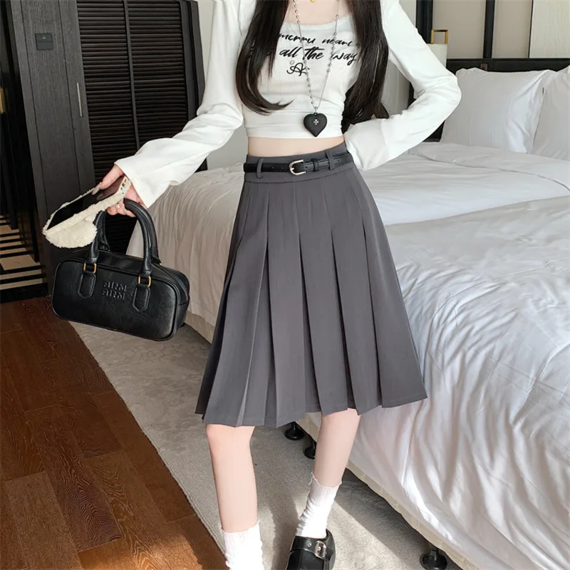 Korean Style Mini Skirts Casual Loose Fit Solid Pleated Skirts With Belt Fashion Simple Office Lady Style High Waist Half Skirts