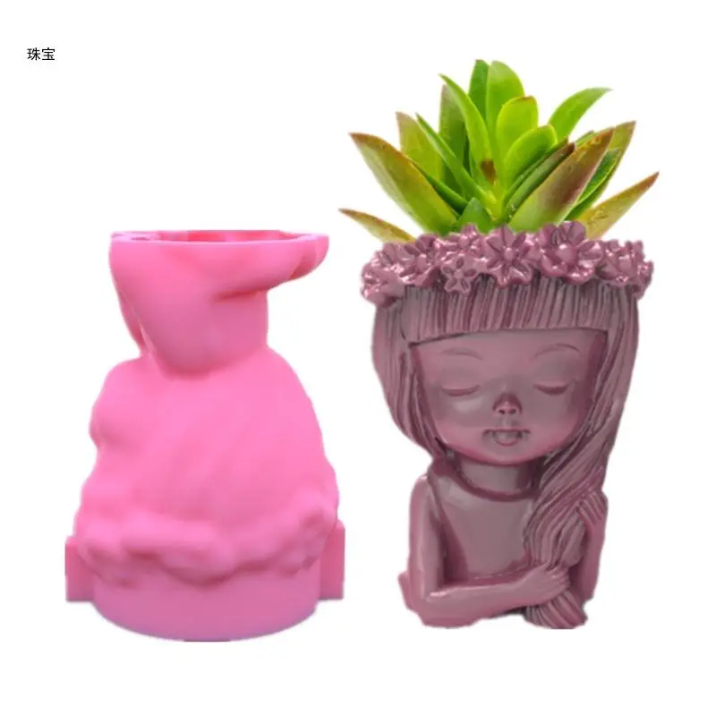 

X5QE Wreath Girl Flowerpot Epoxy Resin Mold Gypsum Concrete Plaster Silicone Mould DIY Crafts Home Decorations Tools