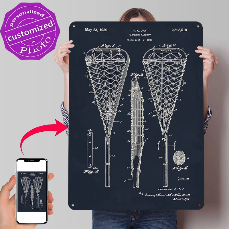 Lacrosse-Schläger Patent Metallposter Maßgefertigte Wandkunst Retro Vintage Blechschilder für Innenausstattung Wohndekor-Artikel