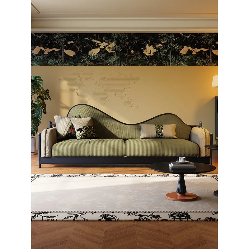 Fabric sofa French retro, small apartment living room green corduroy medium antique three-person sofa