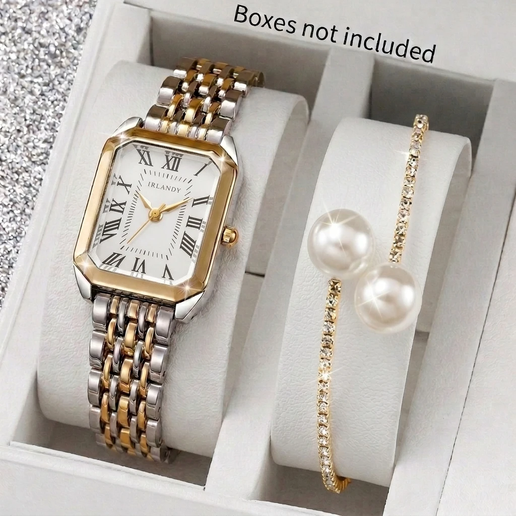 2PC Elegant Rectangle Women Watches Pearl Bracelet Set Ladies Quartz Wrist Watch Relogio Feminino Girls Clock Gift(Without Box)