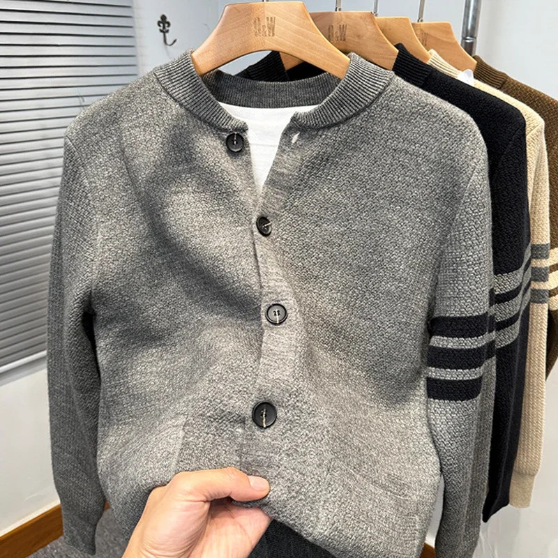 Luxury Brand Men's Three-Bar Velvet Thick Knit Cardigan Autumn Winter Korean Version Trendy Brand Baseball Collar Sweater Jacket