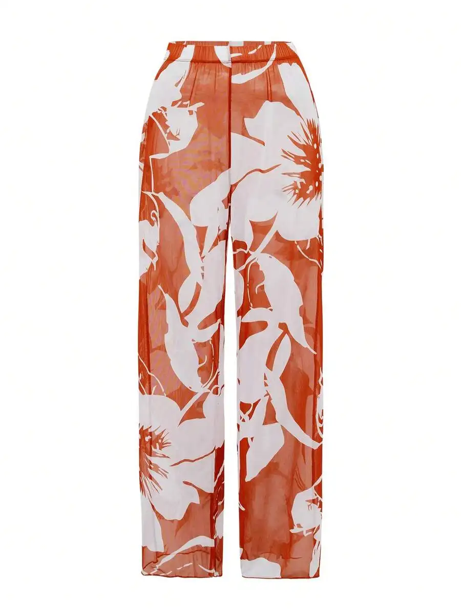 

Women Floral Print Wide Leg Pants Beach Cover-Up