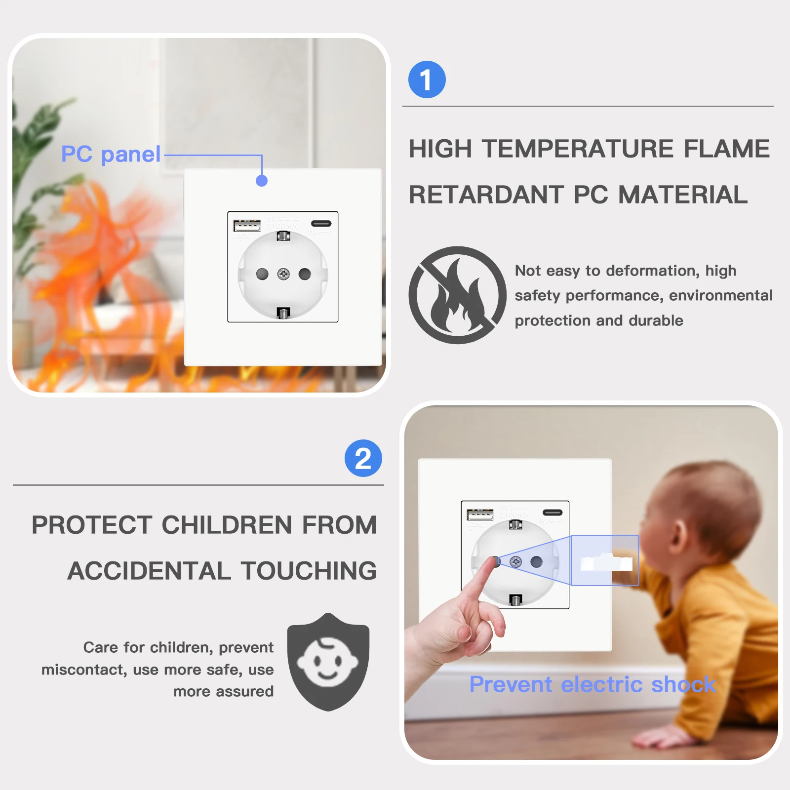 BSEED Light Switch With EU Wall Sockets Home Wall Switches 1/2/3Gang 1Way Backlight Plastic Frame Panel USB Charge Wall Sockets