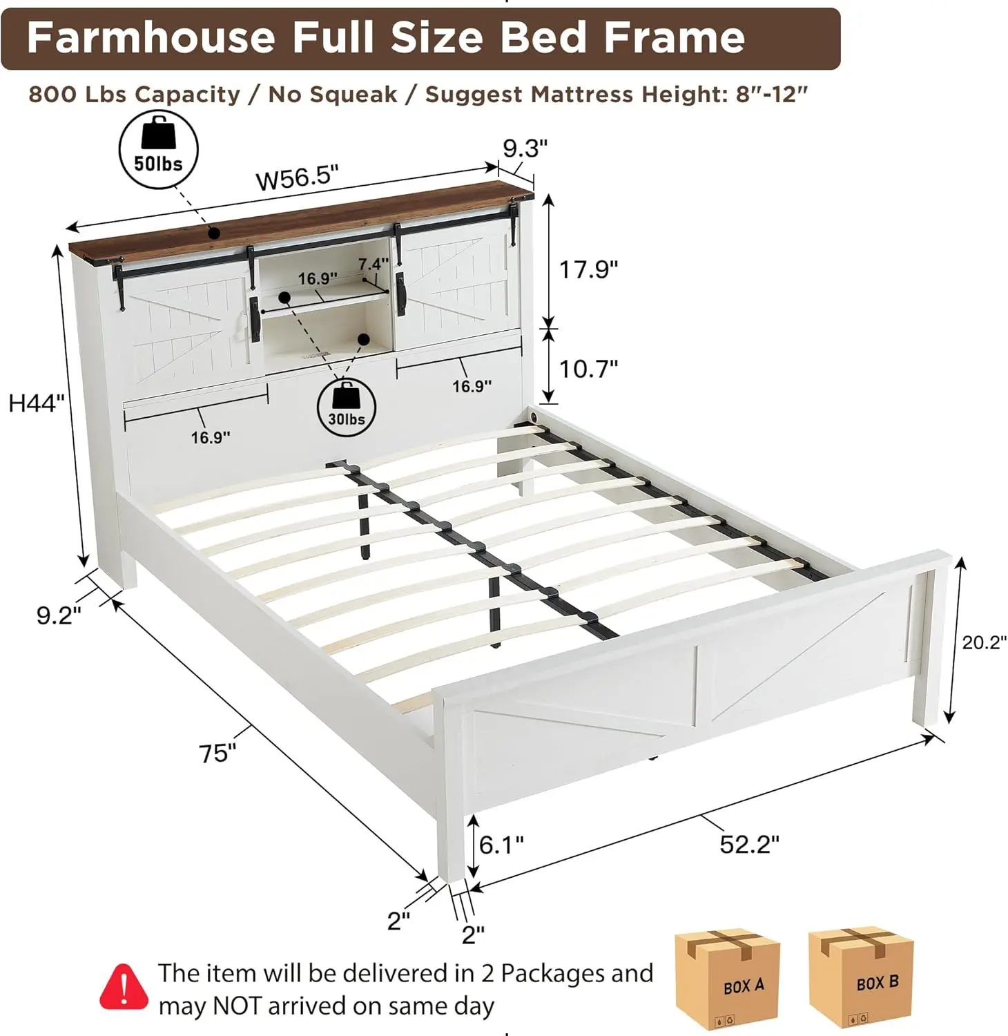 Farmhouse Queen Size Bed Frame w/Storage Bookcase Headboard, Sliding Barn Door, Charging Station, Rustic Wood Platform B