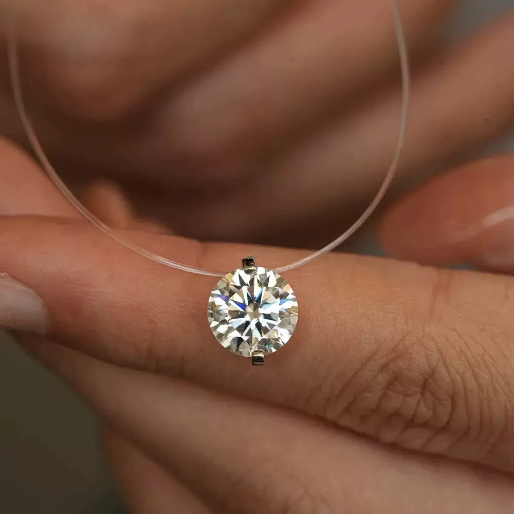 IGOTOS 0.5-5CT Moissanite Pendant Necklace Women  Certified 925 Sterling Silver Transparent Fishing Line Choker Chain Jewelry