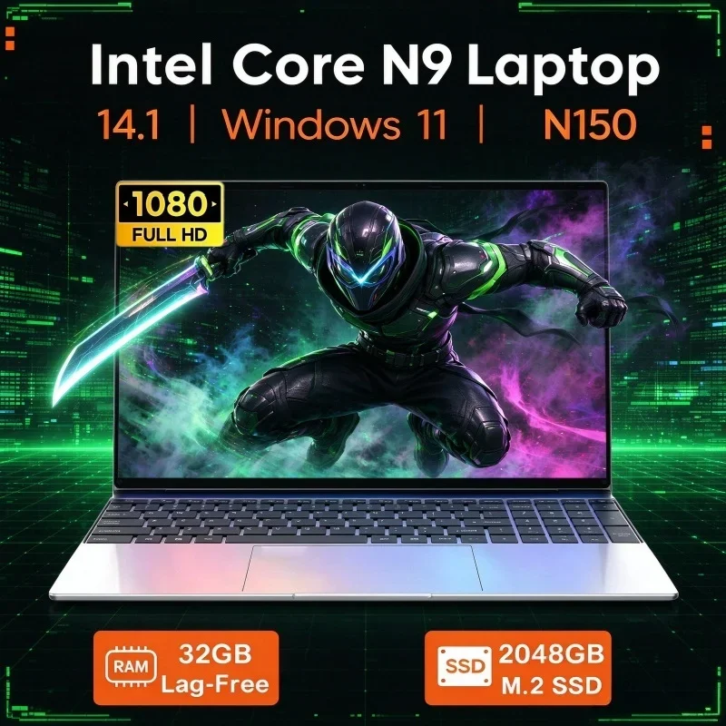 Intel N150 Ultra Thin 14.1" Laptop 32GB RAM 2TB SSD 1080P Full HD Display Windows 11 Portable Notebook For Students Worker
