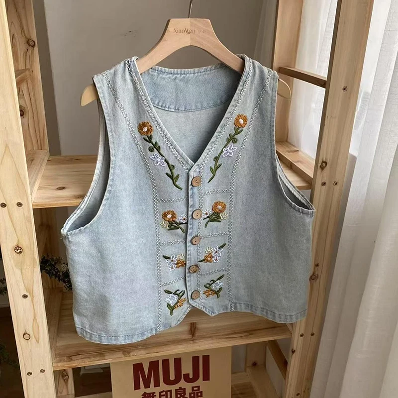 New Embroidered Denim Vest Jacket Women Summer Female Student Loose Sleeveless Vest Coat Women Jean Tops Outerwear Cowboy Vest