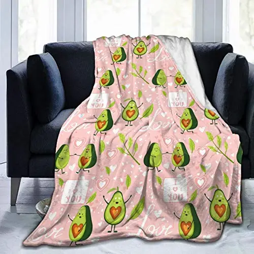 Avocado Cartoon Pattern Cute Throw Blanket Green Fruit  King Queen Size for Bed Sofa Couch Super Soft Warm Kawaii Flannel