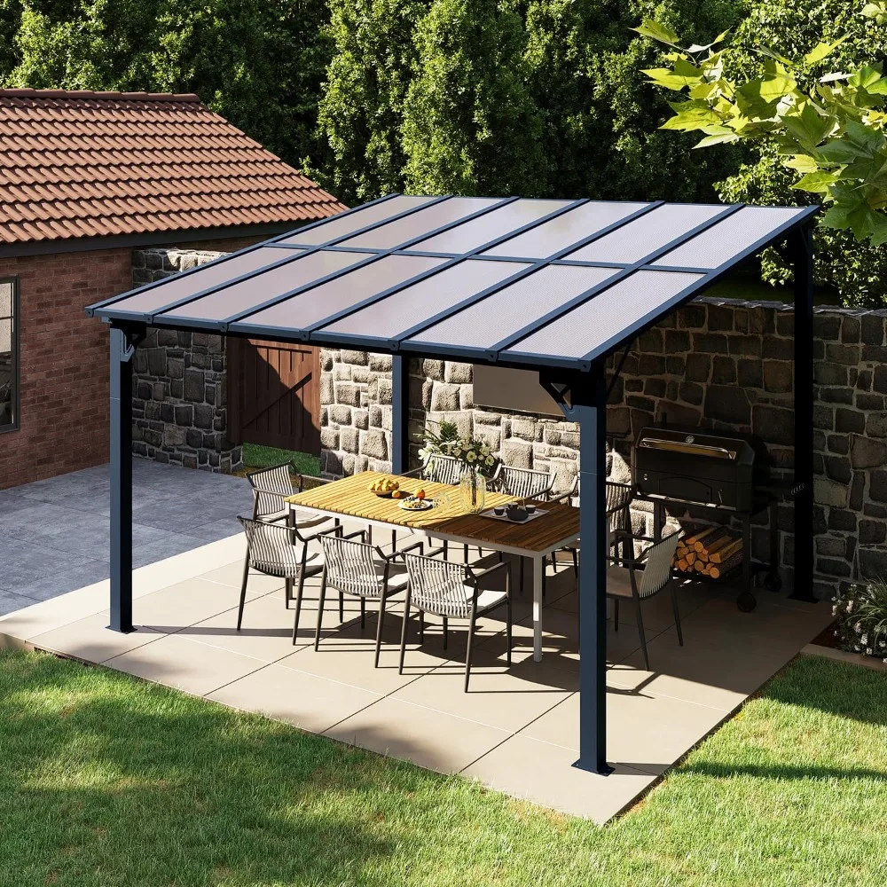 10' X 12' Gazebo for Patio, Gazebo Pergola with Sloped Roof, Large Wall-Mounted Heavy Duty Awnings