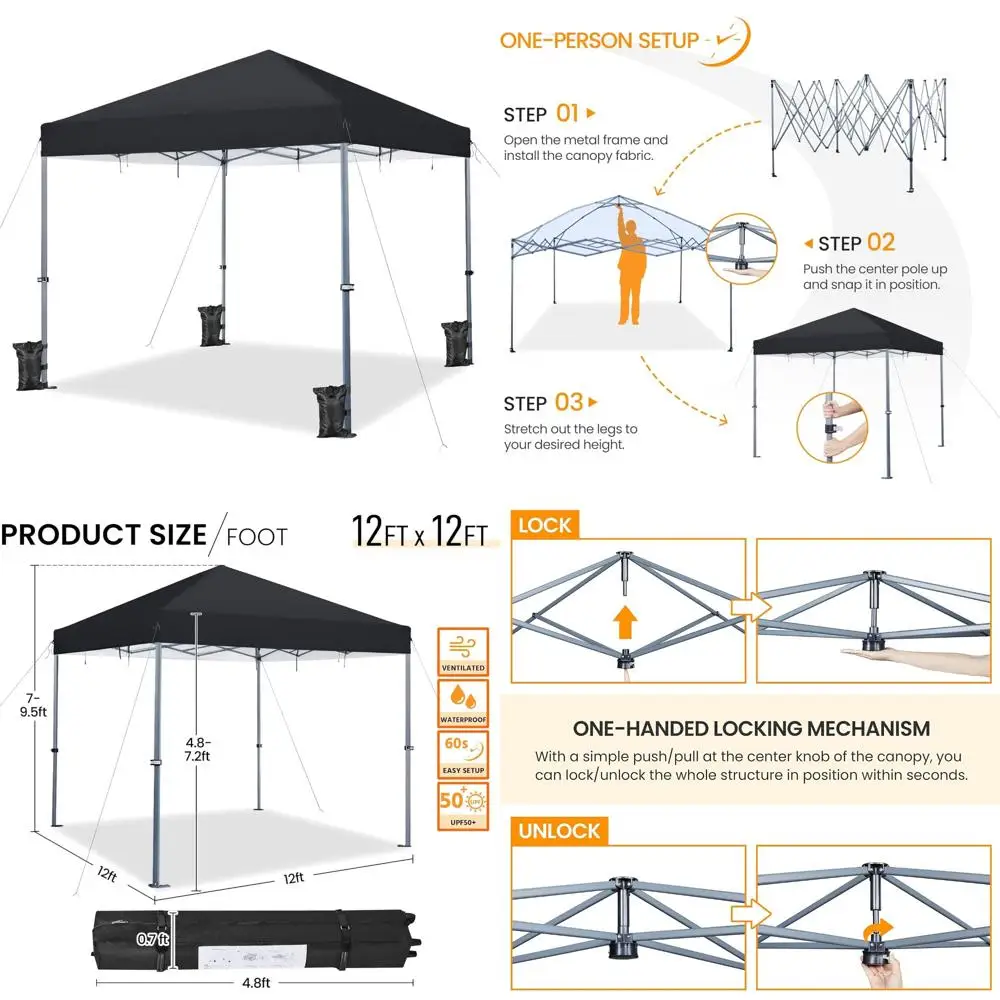 Heavy-Duty 12x12 Instant Outdoor Canopy Tent, Easy Setup Portable Gazebo with Wheeled Base, Commercial-Grade Shelter for Events