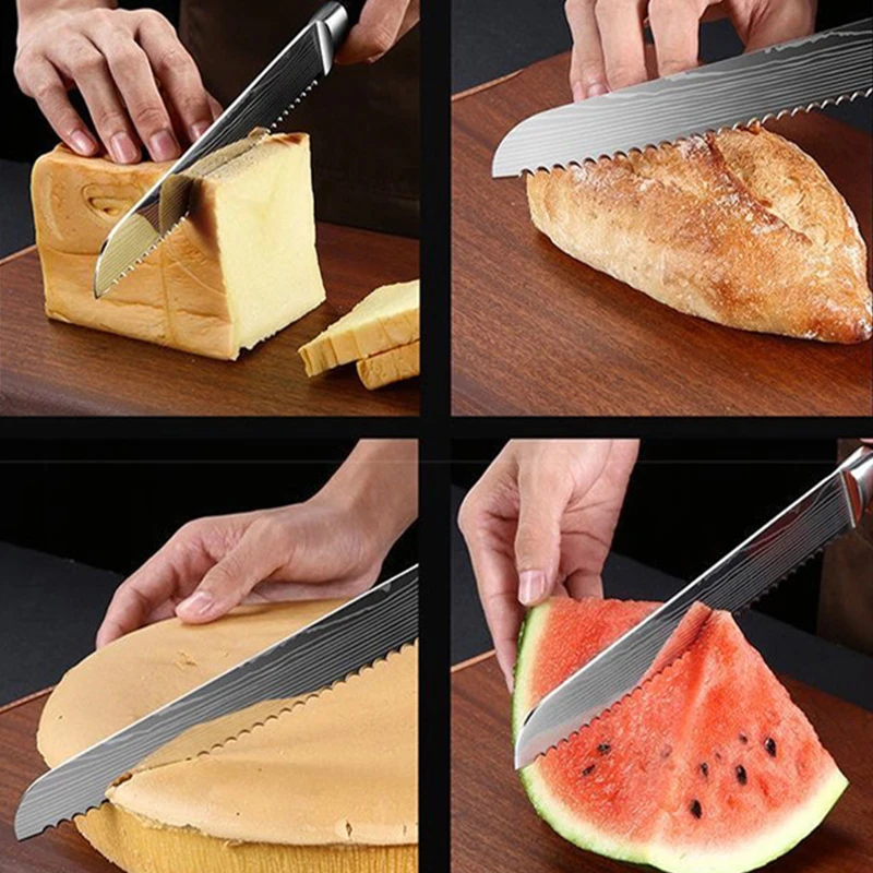 Kitchen 8 Inch Bread Knife Cheese Toast Knife Stainless Steel Damascus Pattern Knives Slicing Chef Cutter Wood Handle