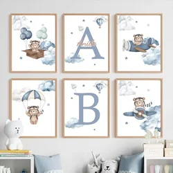 Customized Teddy Bear Nursery Wall Art Personalized Name Poster and Canvas Painting Cartoon Print Picture for Baby Bedroom Decor