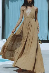 Summer Vacation Halter Neck Dresses Women Solid Color Sexy Deep V-neck Backless Slit Long Dress Fashion Trend Beachwear Vestidos