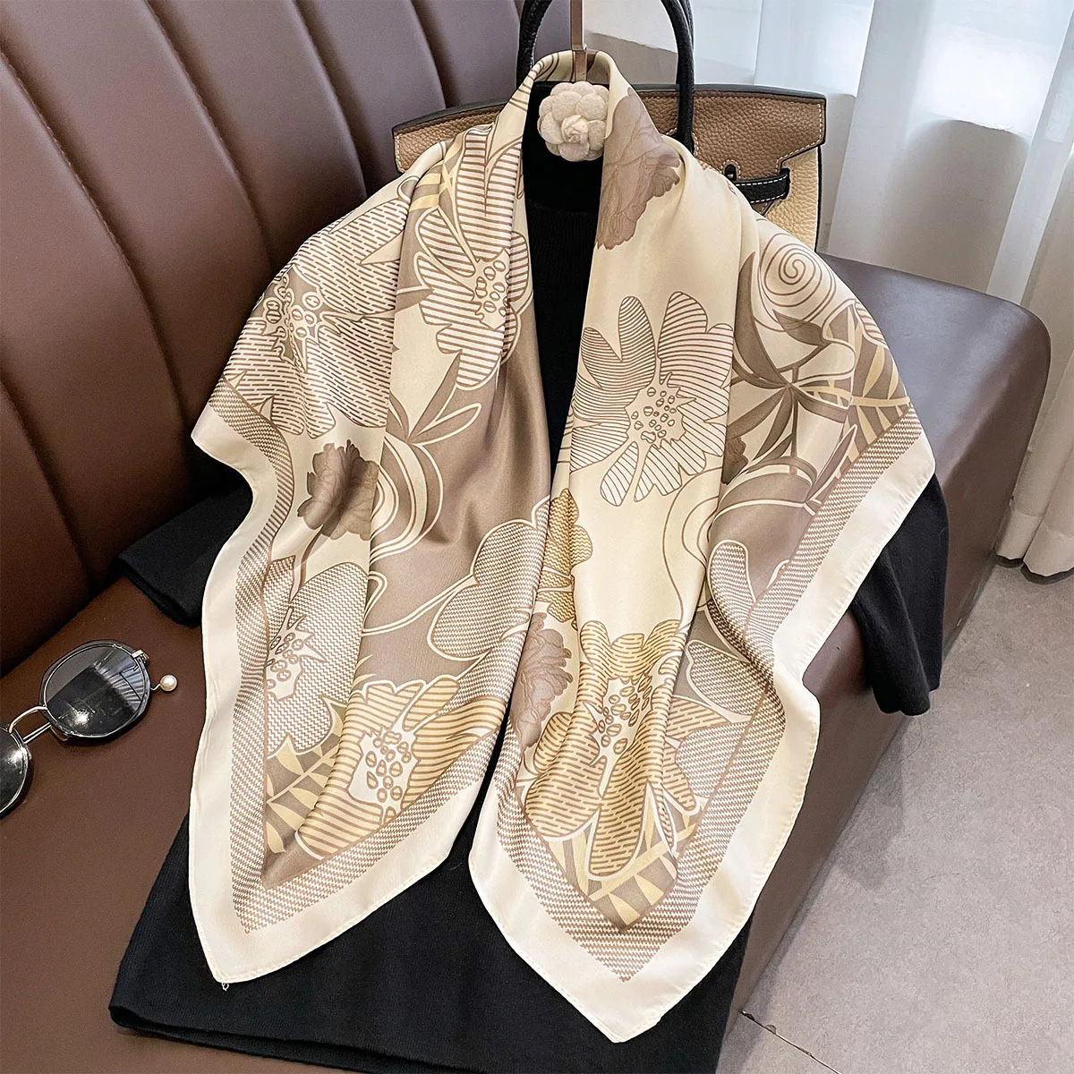 

2025 Luxury Brand Square Scarf Design Shawl Wrap 90cm Print Twill Silk Women Hijab Female Foulard Headband Bandana