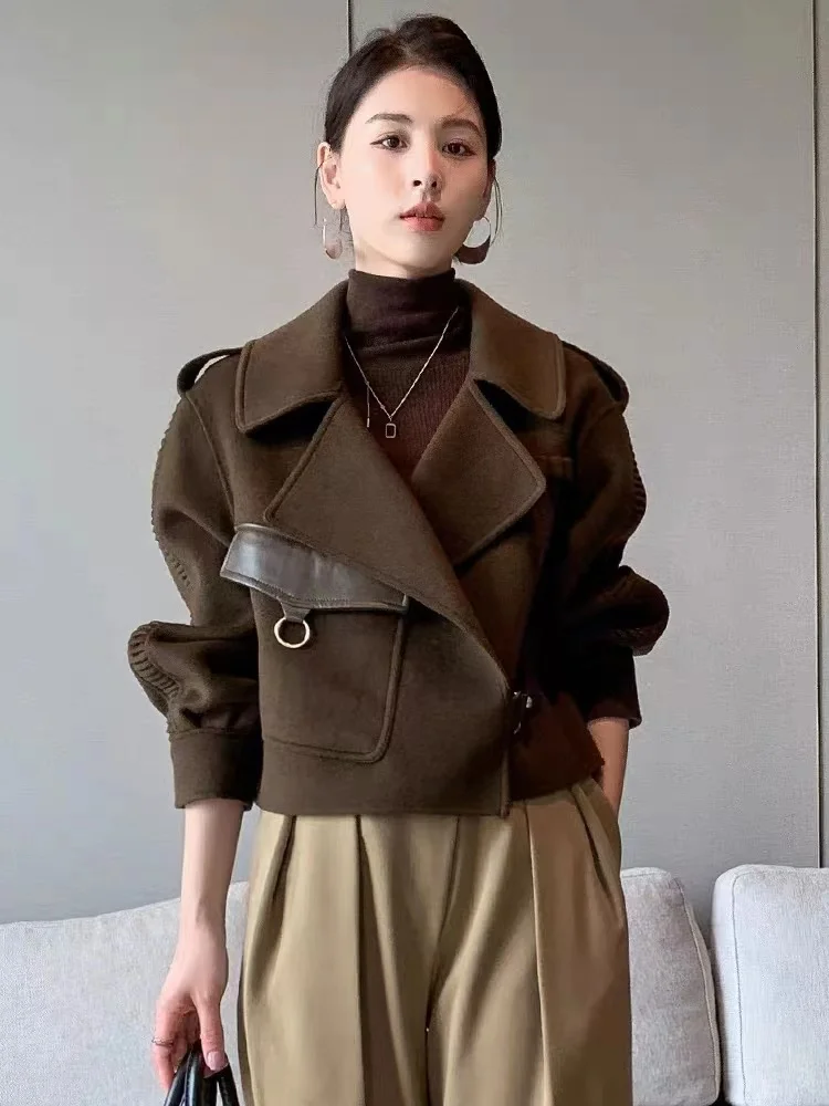 2023 Autumn and Winter High Quality Short Woolen Coat Women Elegant Simple Korean Chic Lapel Long Sleeve Cropped Tweed Jacket