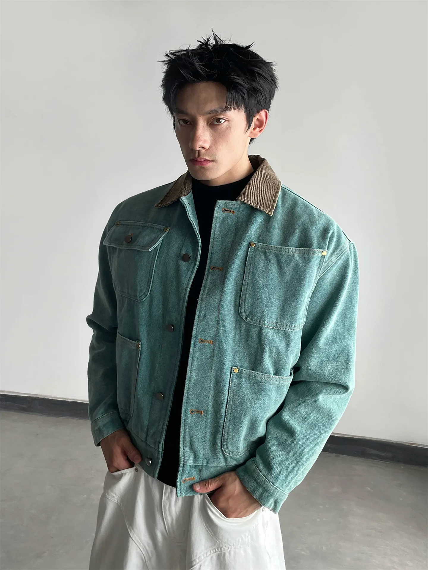 2026 Autumn New Vintage Denim Jacket For Men American Casual Fashion Workwear Style Multi Pocket Contrasting Color Lapel Jackets