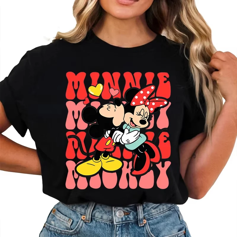 

MINISO Disney Mickey Minnie Mouse Love Couple Print T-shirt Women's Summer Fashion Cotton Short Sleeve Casual Top Loose Clothing