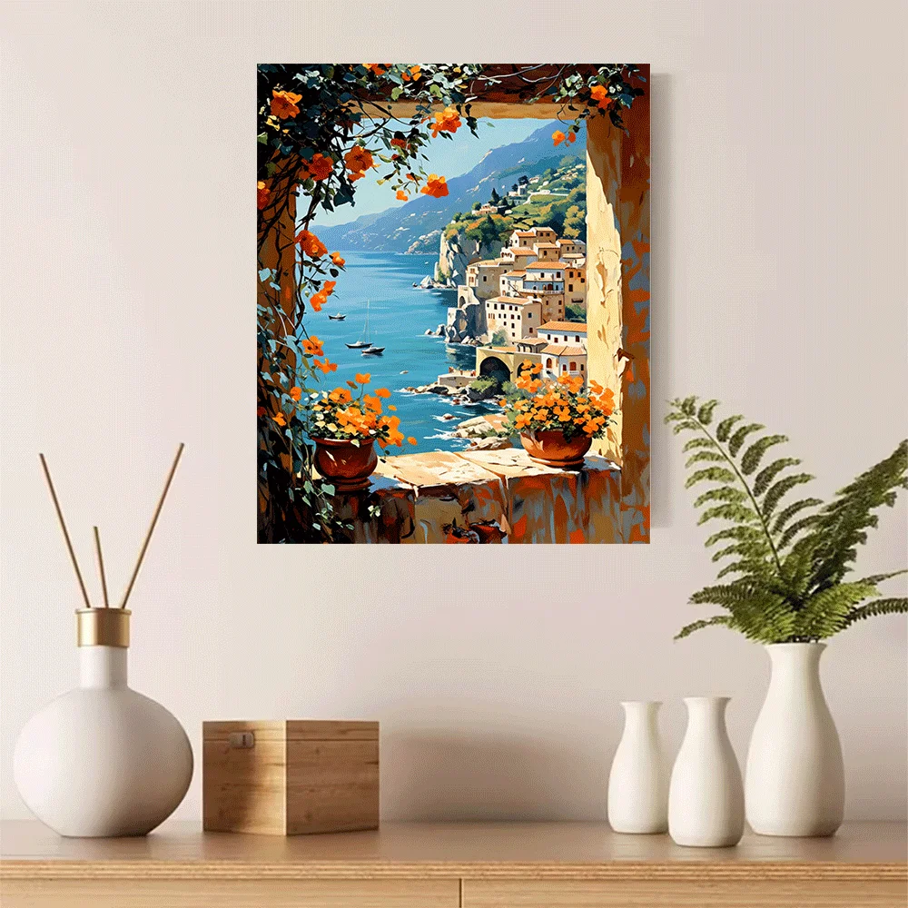 1PC-Canvas poster Unframed  Coastal Village View Through Flowered Window Canvas Print  summer