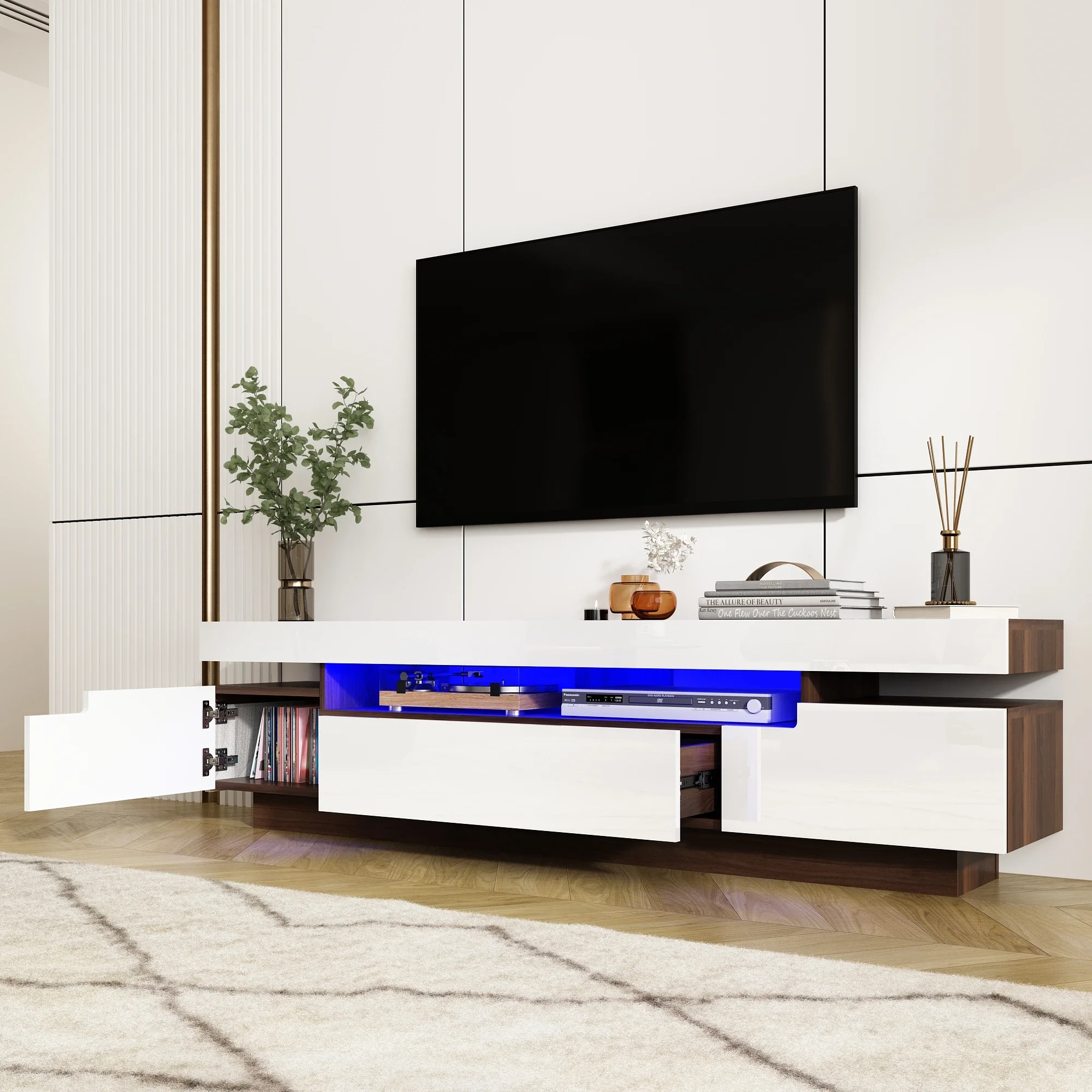 Fotografia 4: Suporte de TV LED de 71 polegadas para TV de 75/80 polegadas, armário de TV moderno para jogos para sala de estar, centro de entretenimento de alto brilho com armazenamento
