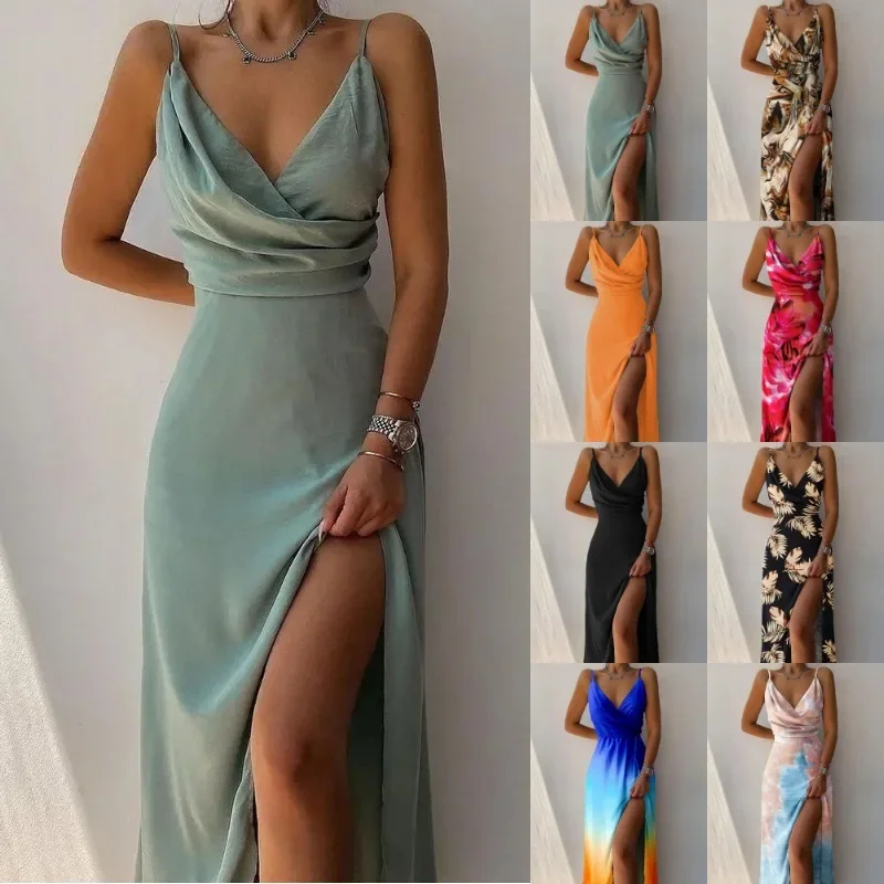 

Women Print Camisole V Neck Sleeveless Dress A Line Long Dresses Spaghetti Strap Sexy Split Evening Skirt Prom Summer 2023