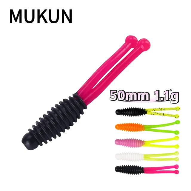 MUKUN-Mini miękkie przynęty wędkarskie, podwójnie ogonowane woblery jigowe, sztuczne przynęty pływackie na okonie, sprzęt karpiowy, 1,1 g, 5 cm, nowe, 10 szt